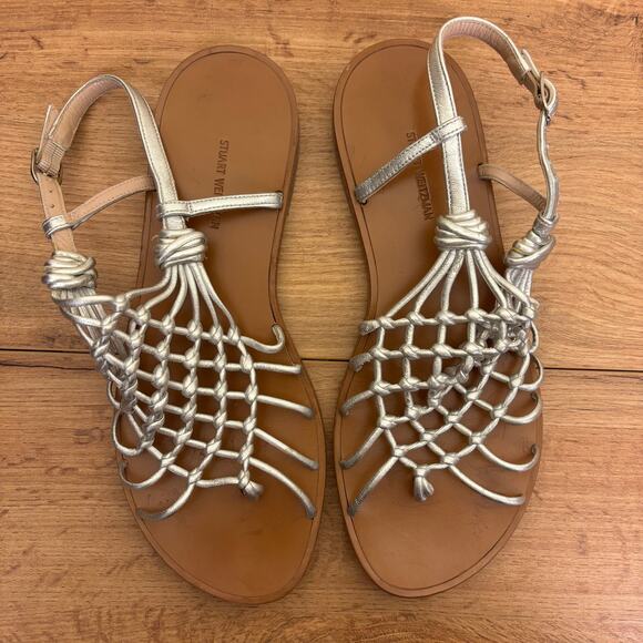 Stuart Weitzman Seaside Sandals Women Size 7 Silver Gladiator Flat Leather Spain - Picture 2 of 10